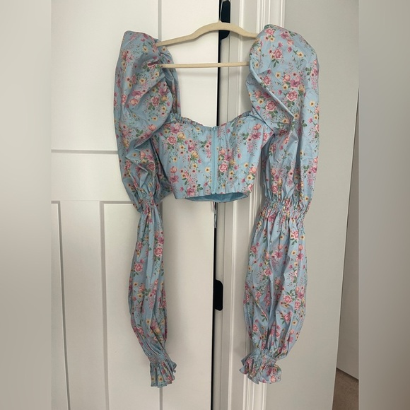 House of CB Millicent Top Blue Floral Puff Long Sleeve Tie Front Blouse - Picture 6 of 6